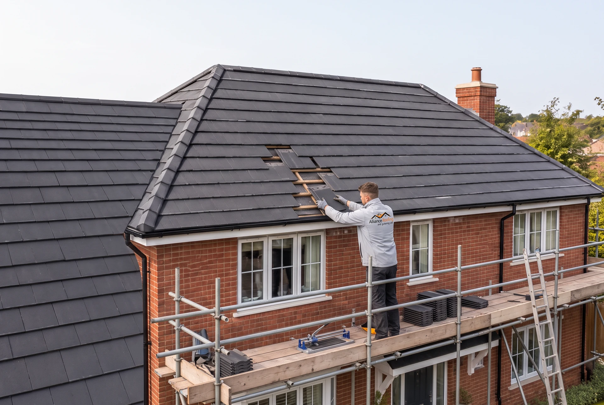 Illustrative UK house roof repair with a worker wearing Alliance-branded clothing
